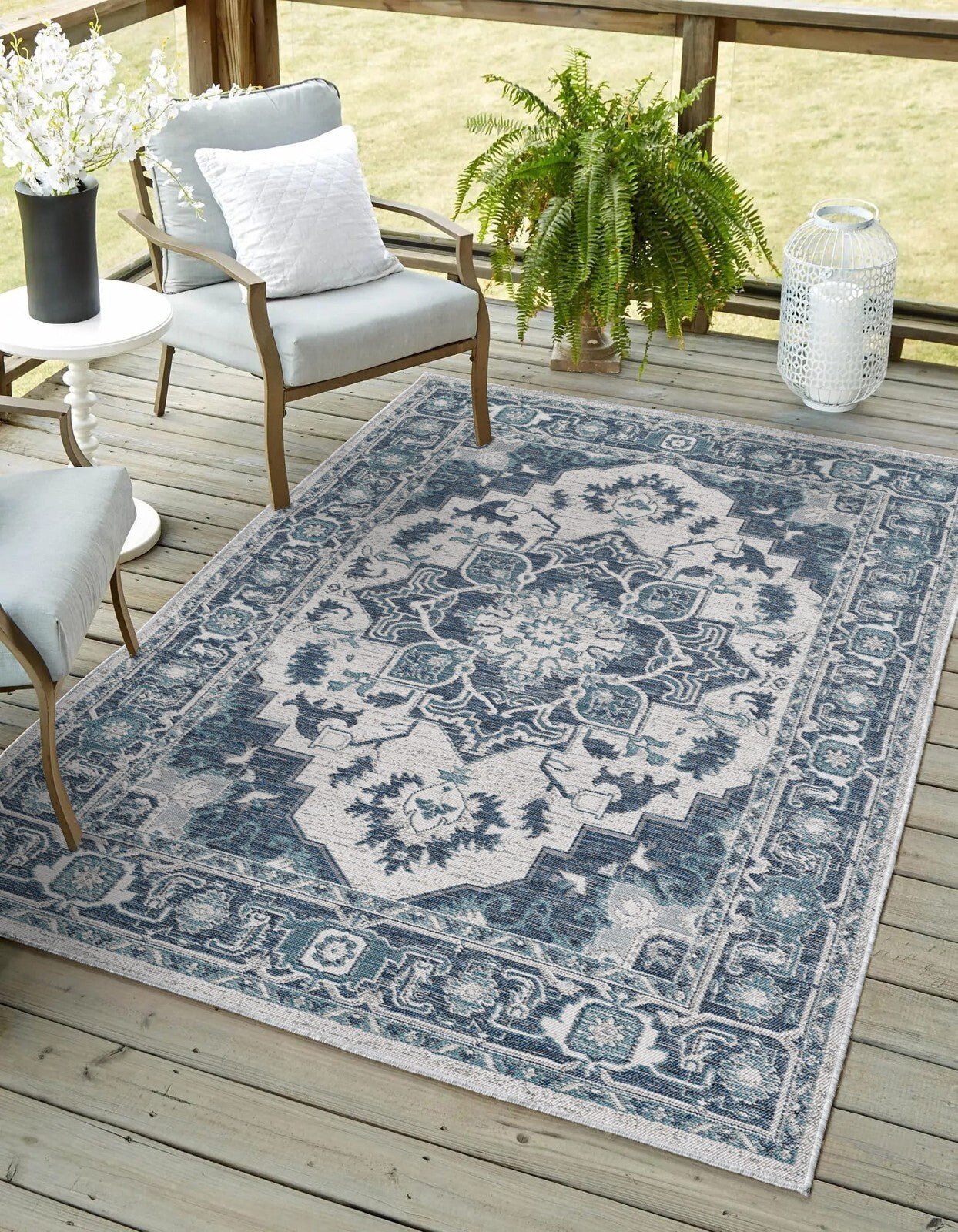 KAS Dahlia 1401 Ivory/Blue Indoor/Outdoor Rug - Rugs - KAS - Atlanta Designer Rugs