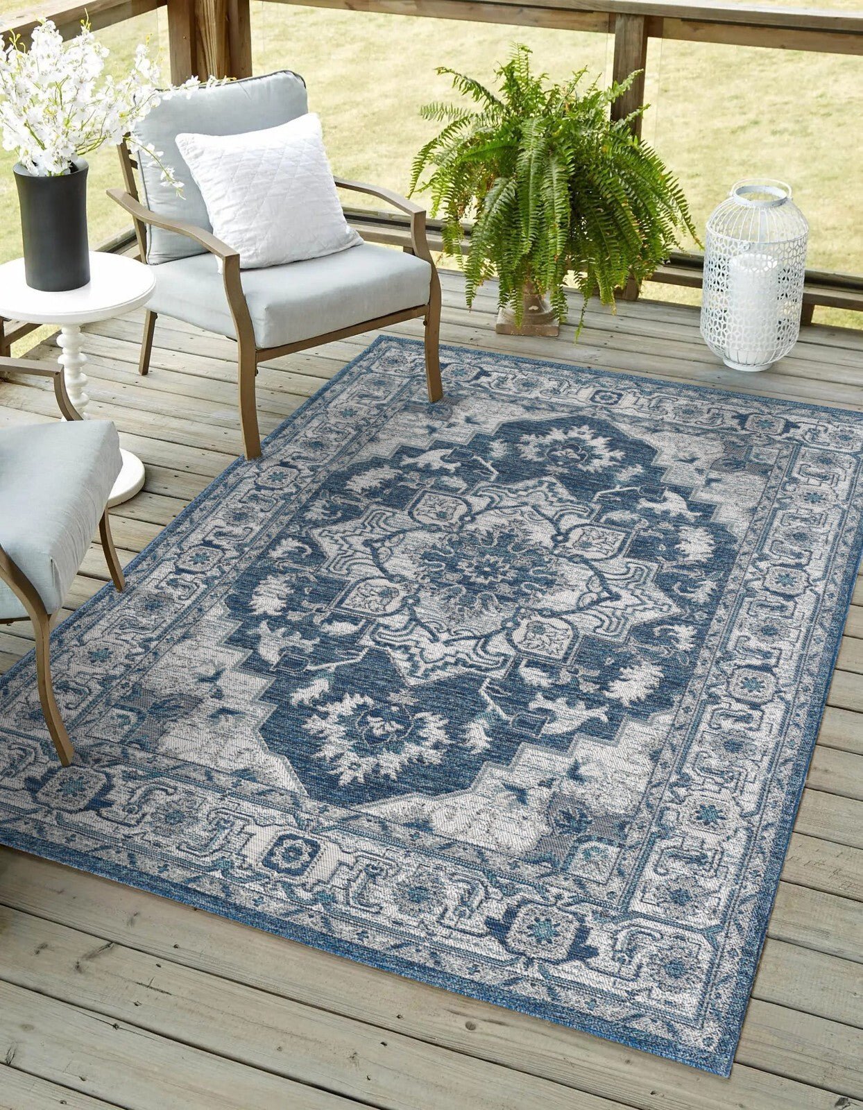 KAS Dahlia 1401 Ivory/Blue Indoor/Outdoor Rug - Rugs - KAS - Atlanta Designer Rugs