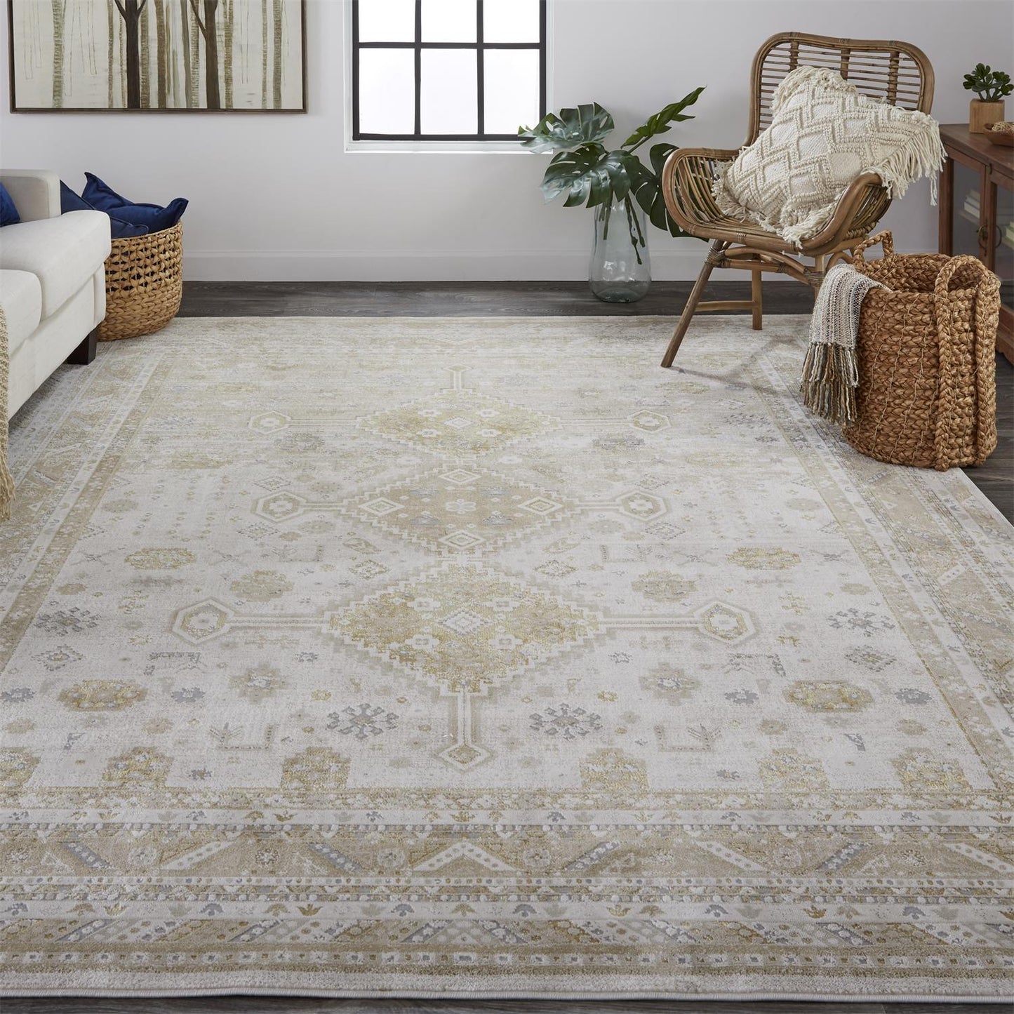 Feizy Aura 3738F Gold Ivory Modern/Vintage/Classic Machine Woven Rug - Rugs - Feizy - Atlanta Designer Rugs