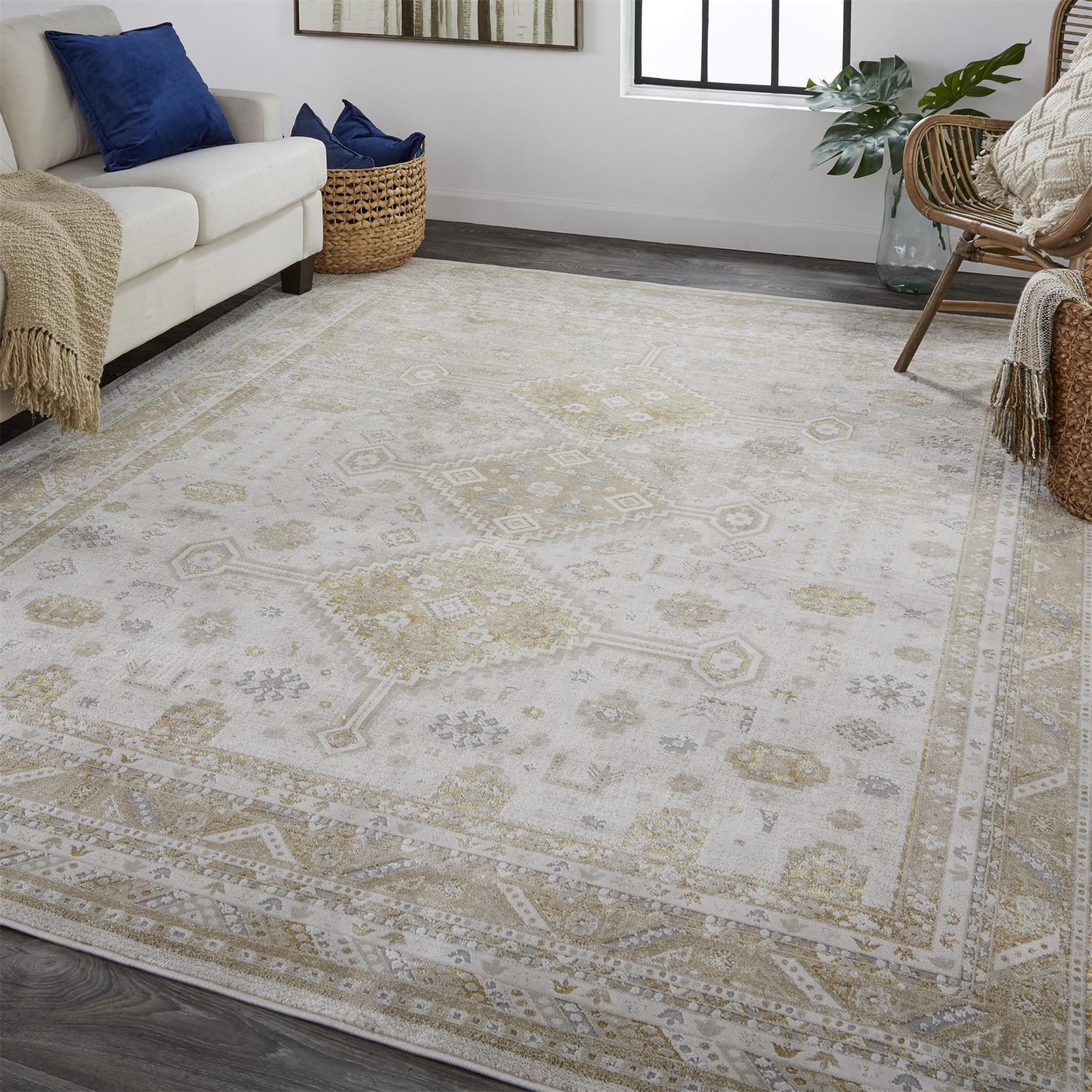 Feizy Aura 3738F Gold Ivory Modern/Vintage/Classic Machine Woven Rug - Rugs - Feizy - Atlanta Designer Rugs