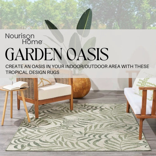 Beautiful Modern Tropical Vibes with Garden Oasis Indoor/Outdoor Rugs.