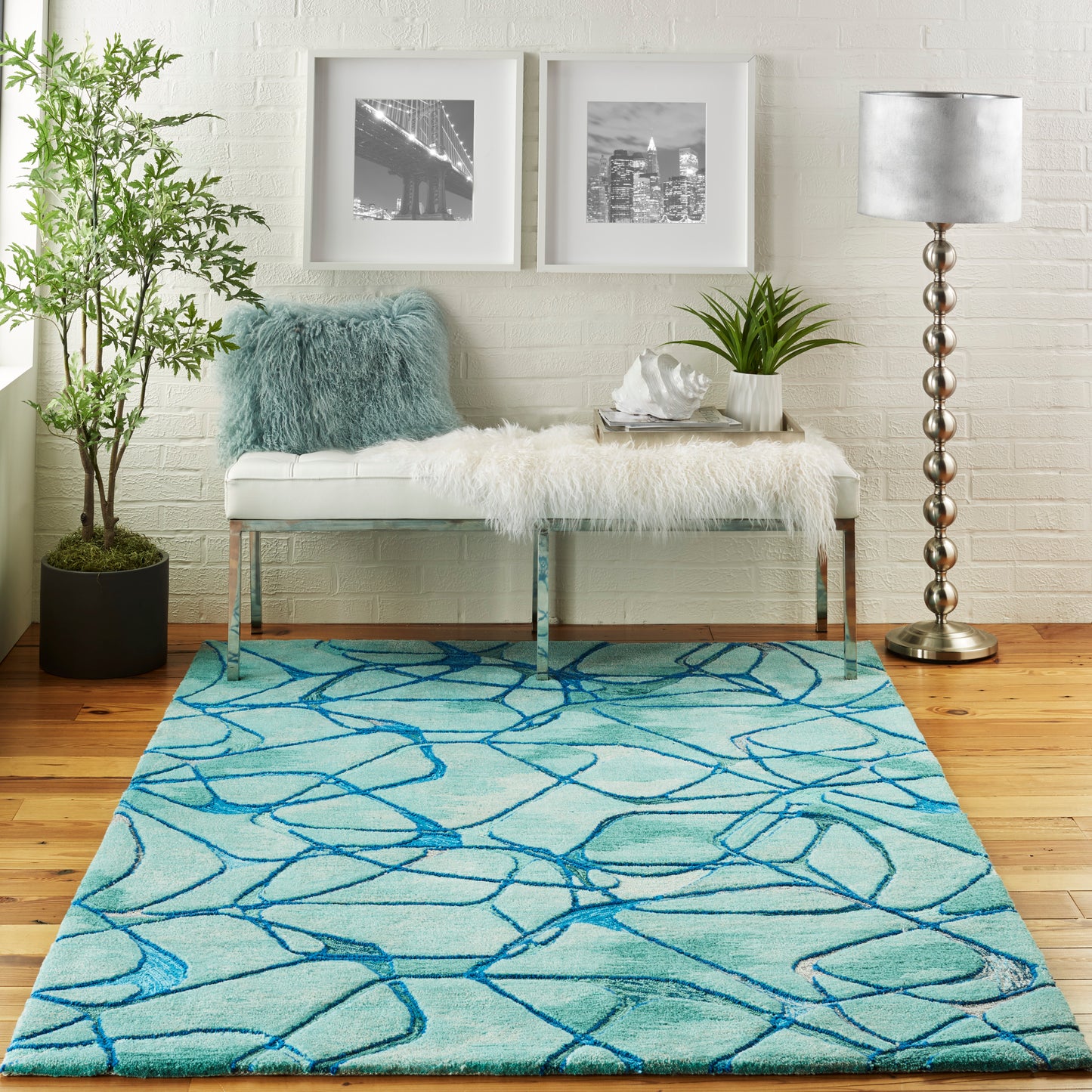 Nourison Home Symmetry SMM05 Aqua Blue  Contemporary Tufted Rug